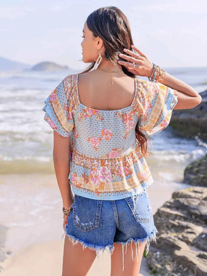 Printed Sweetheart Neck Layered Short Sleeve Blouse