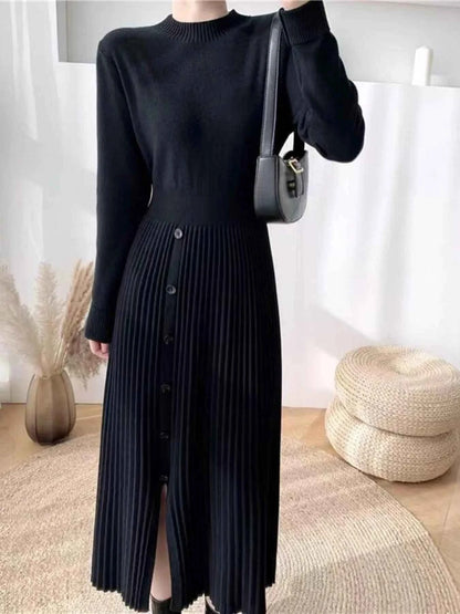 Slit Front Mock Neck Long Sleeve Knit Dress