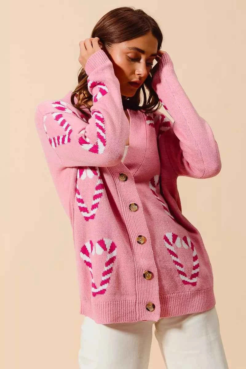 SO ME Christmas Candy Cane Button Front Sweater Cardigan
