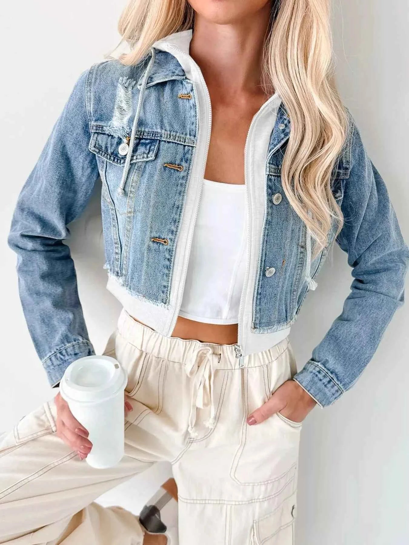 Distressed Zip Up Cropped Hooded Denim Jacket