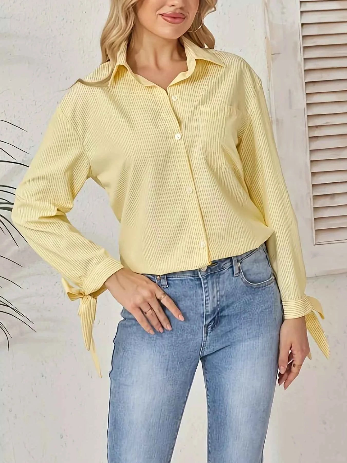 Striped Tie-Cuff Long Sleeve Shirt