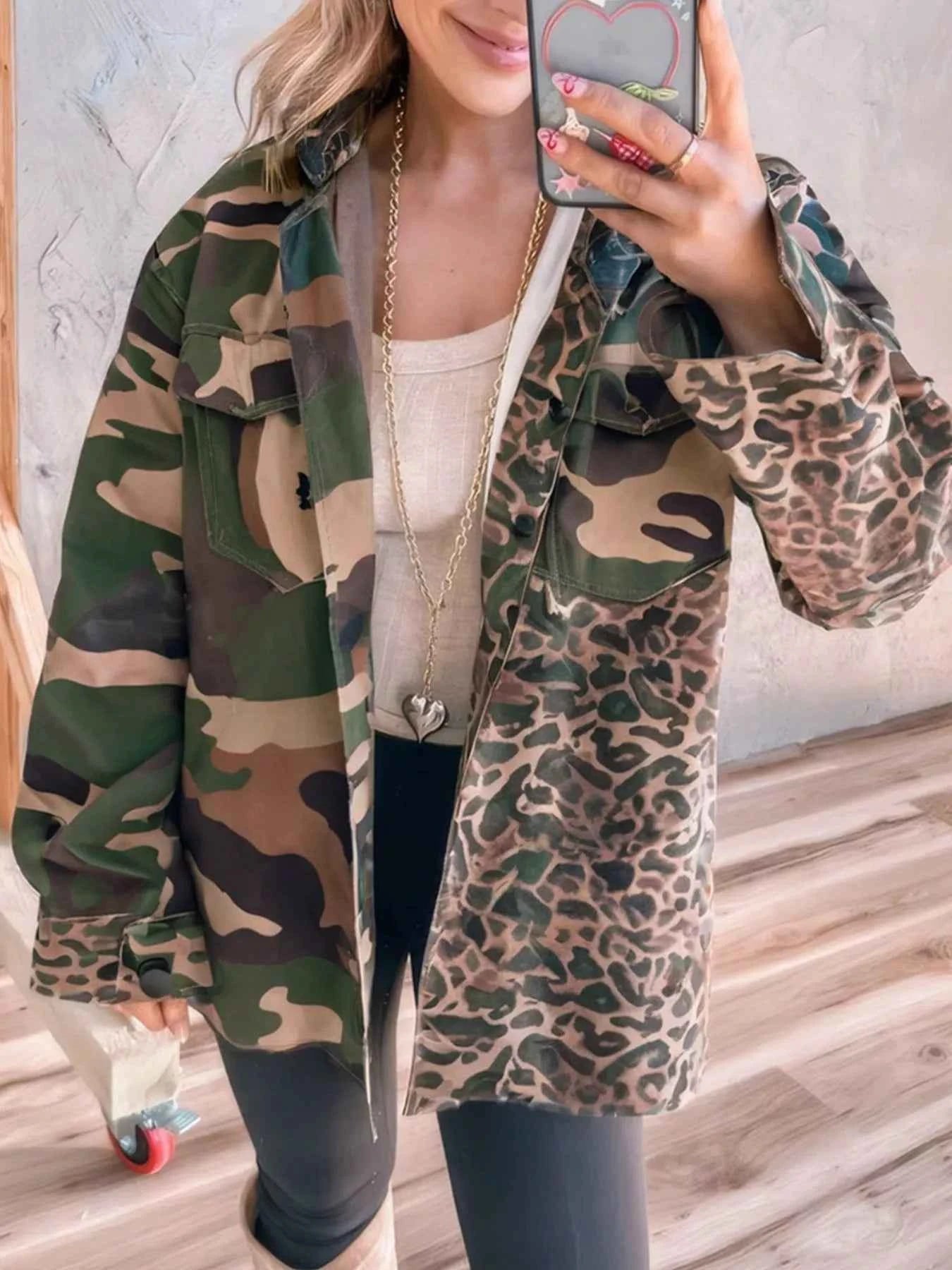 Camouflage Leopard Print Mixed Pattern Oversized Jacket