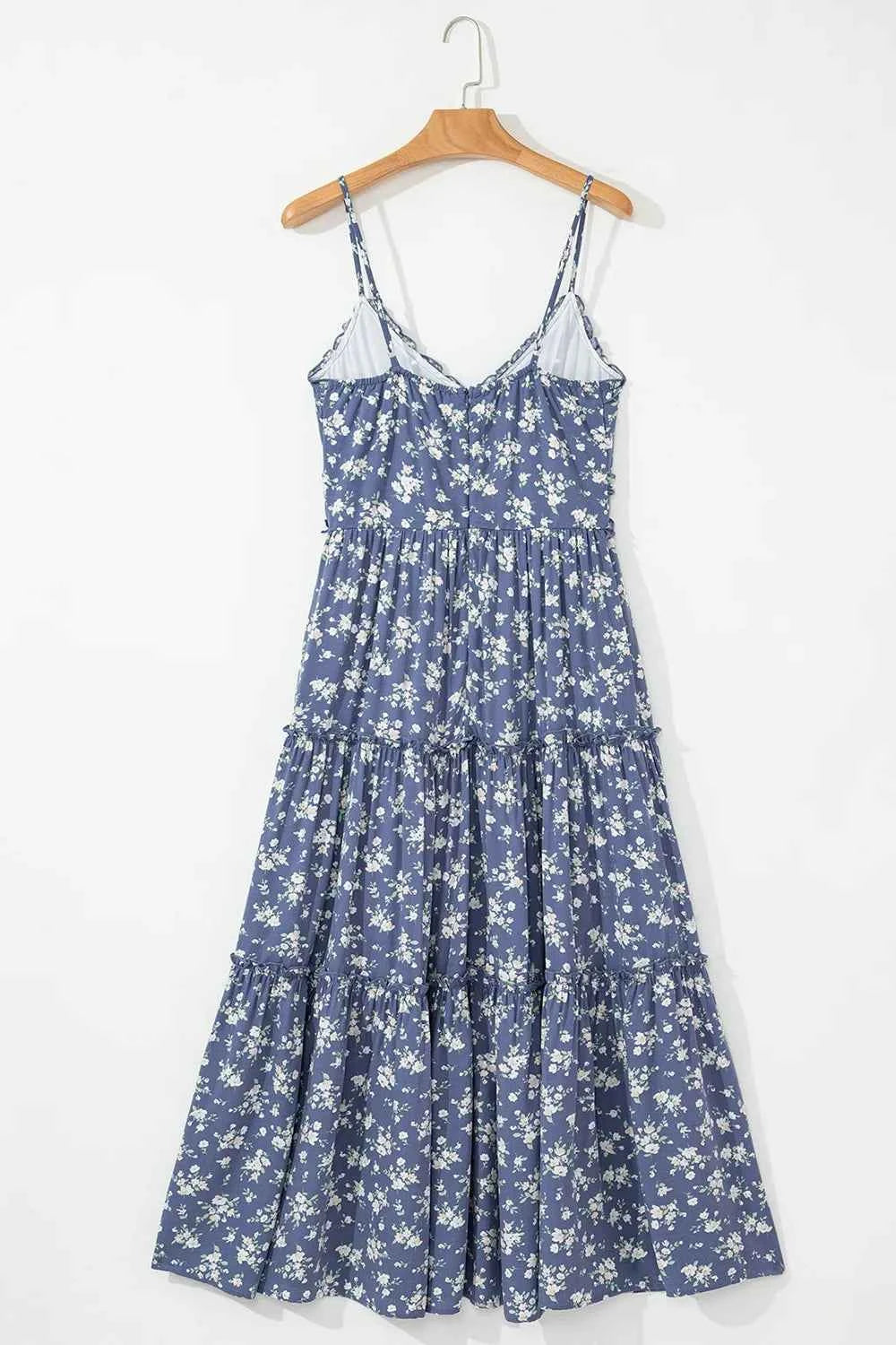 Floral Spaghetti Strap Frilled V Neck Tiered Midi Dress