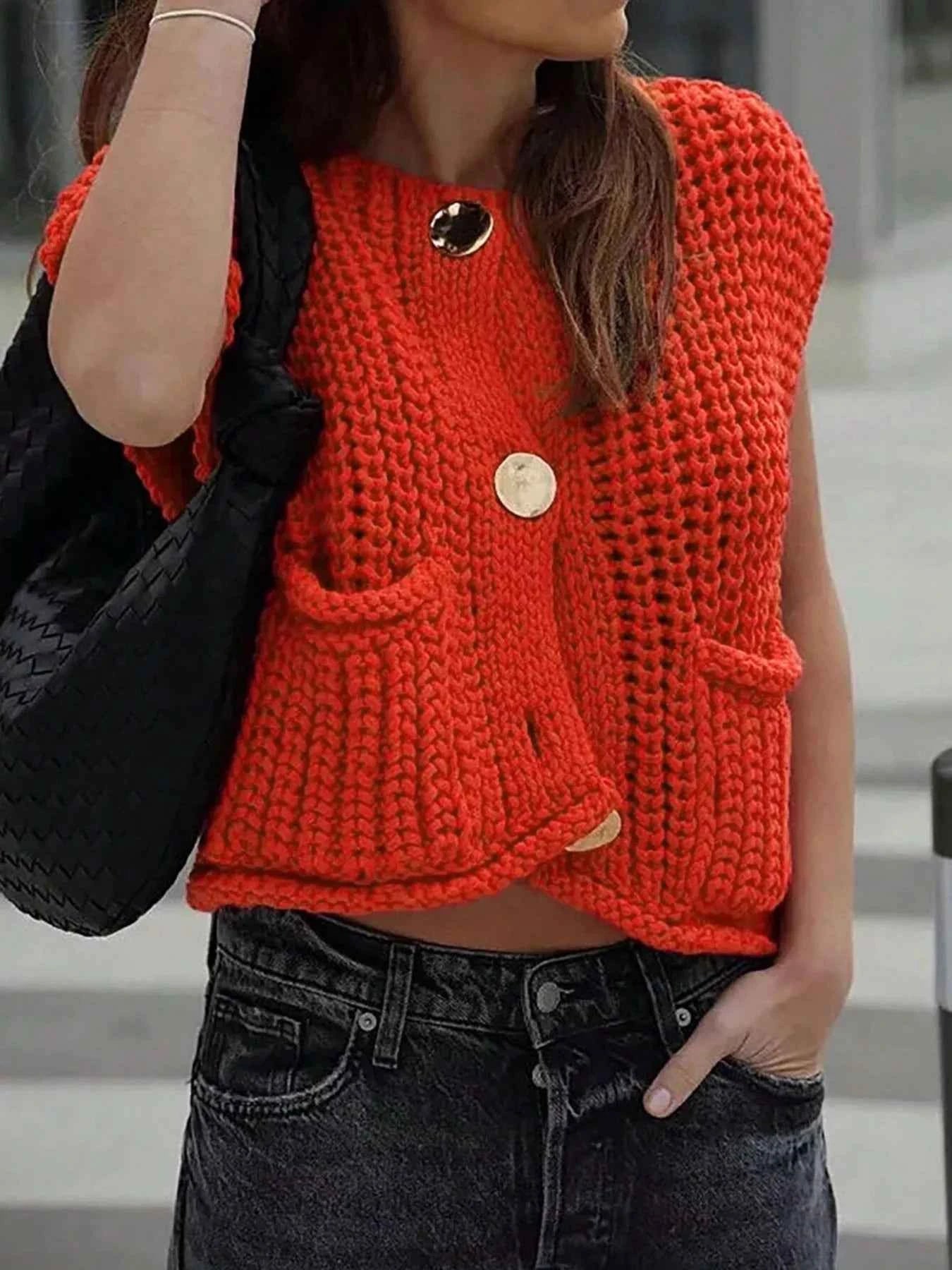 Chunky Knit Button-Down Sweater Vest