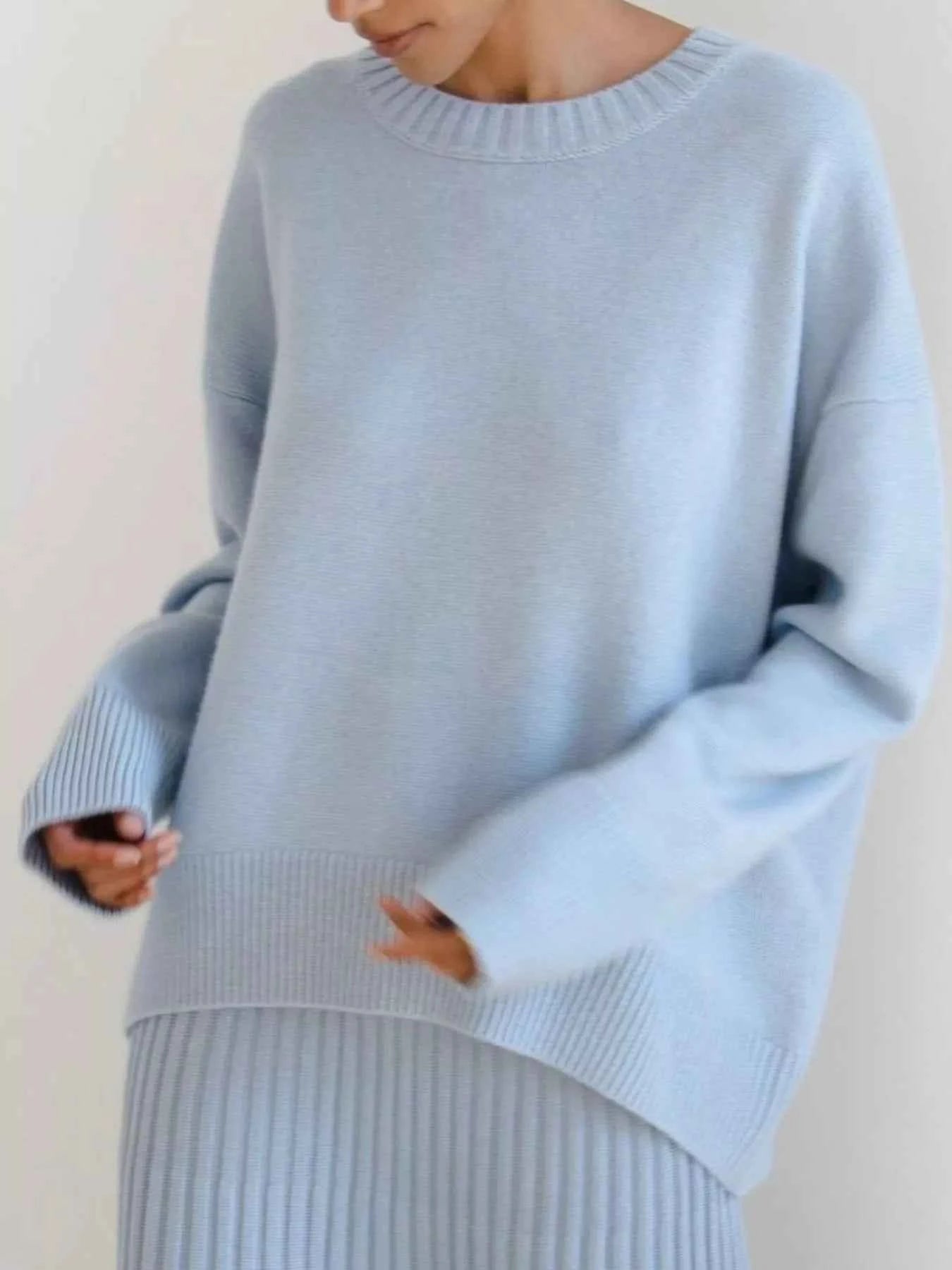 Ribbed Hem Round Neck Sweater