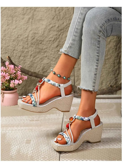 Bohemian Floral Beaded Wedge Sandals
