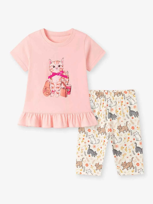 Children's Cat Ruffled Hem Tee and Shorts Set