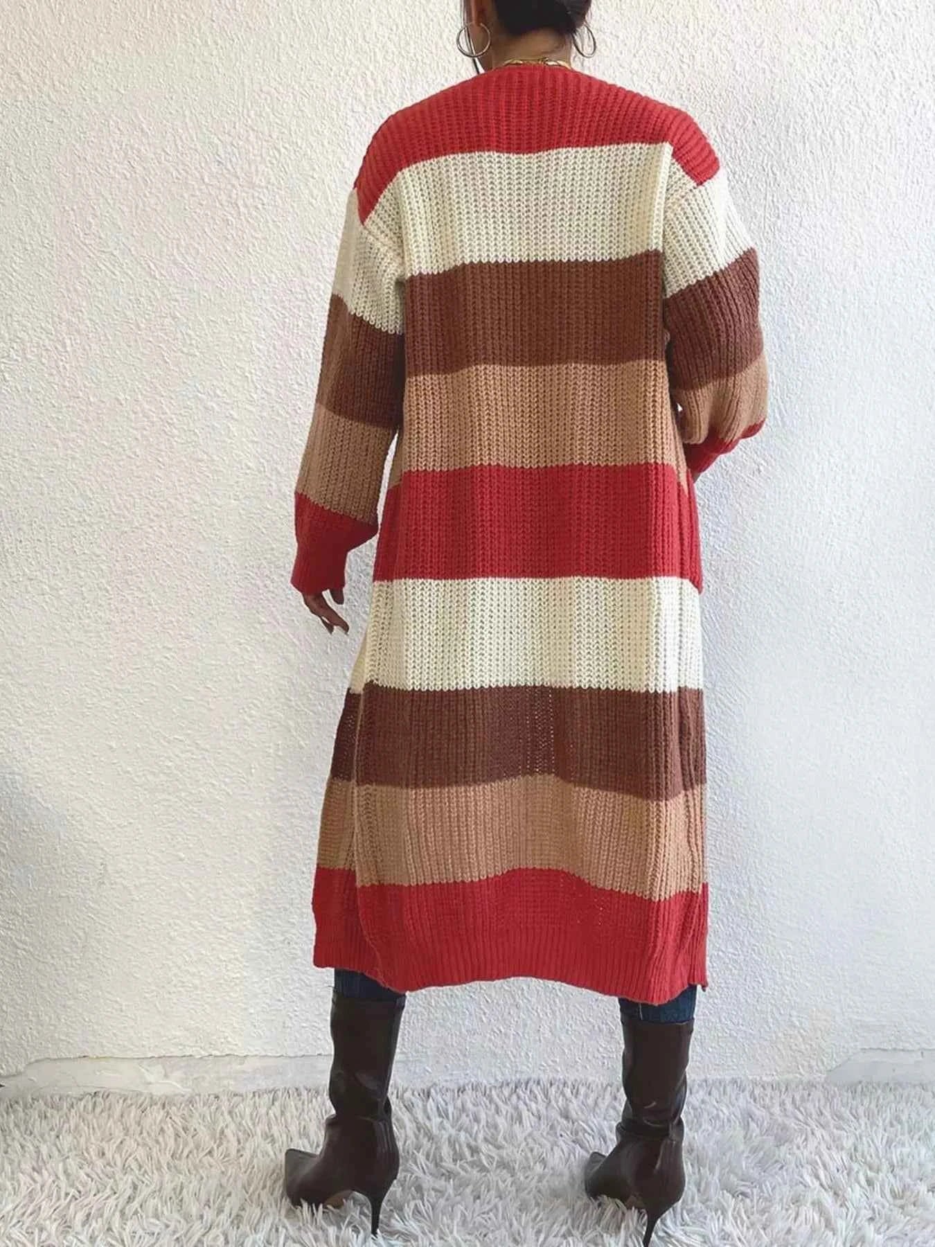 Striped Color Block Open Front Knit Cardigan