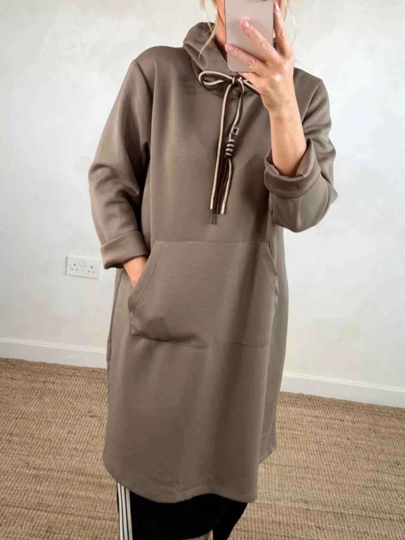 Full Size Casual Drawstring Hooded Sweatshirt Dress Plus Size