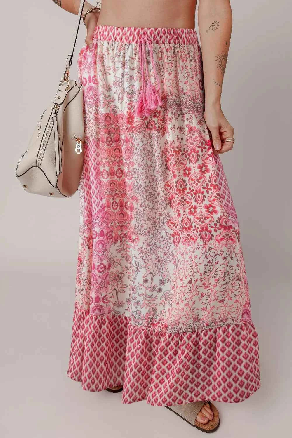 Printed Tassel Drawstring High Waist Maxi Skirt