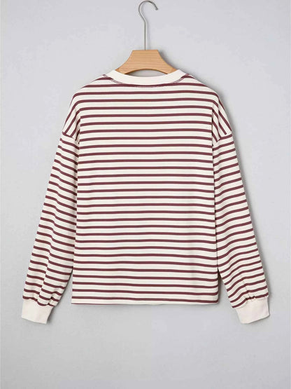 Striped Drop Shoulder Long Sleeve Henley Top