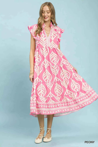 Umgee Leaf Print Tiered Maxi Dress with Pockets