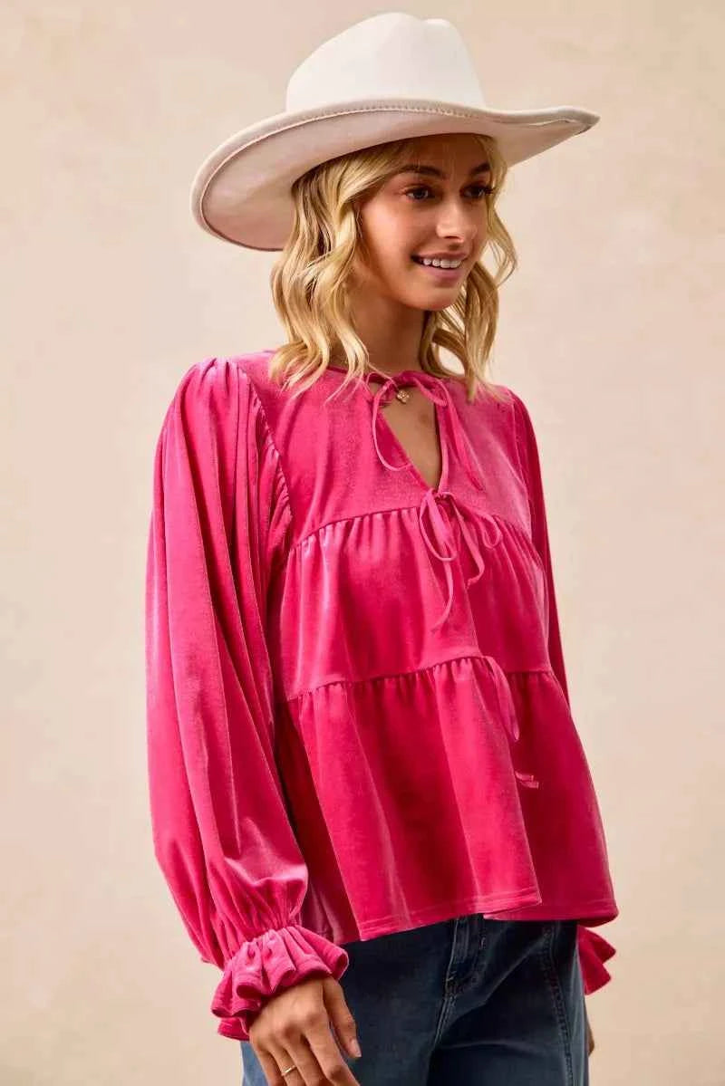 BiBi Christmas Theme Velvet Bow Tied Blouse