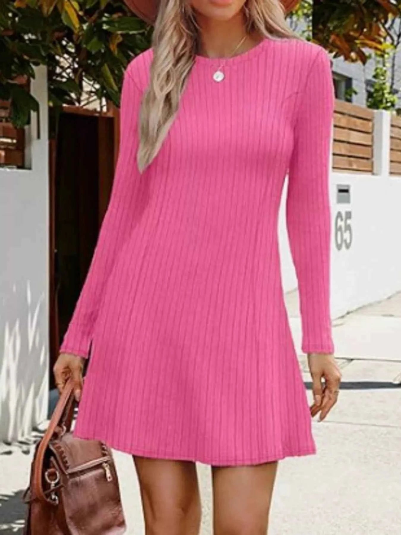 Ribbed Knit Long Sleeve A-Line Dress
