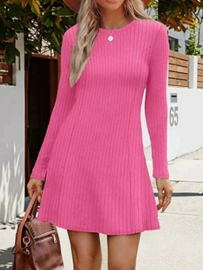 Ribbed Knit Long Sleeve A-Line Dress