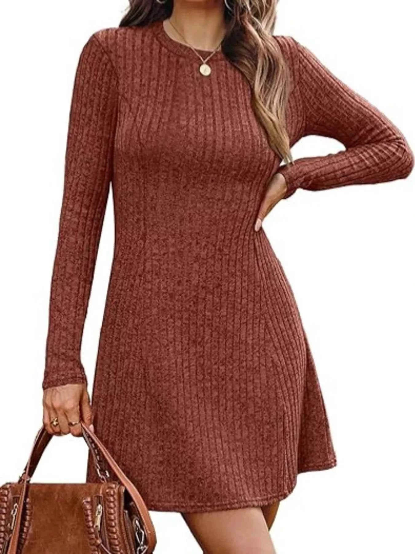 Ribbed Knit Long Sleeve A-Line Dress