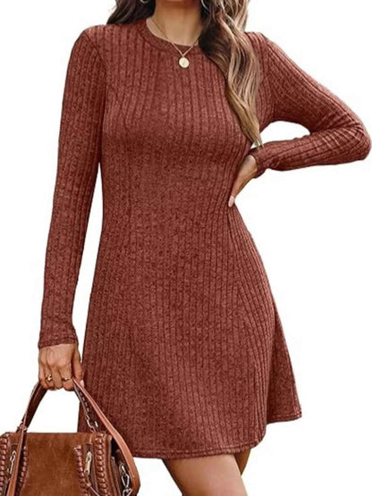 Ribbed Knit Long Sleeve A-Line Dress