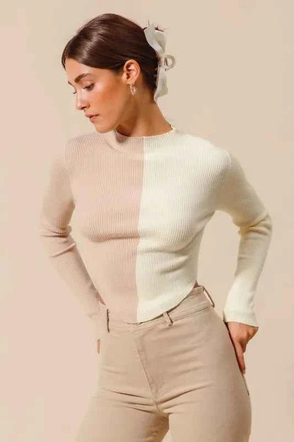 SO ME Color Block Fitted Crop Sweater Top