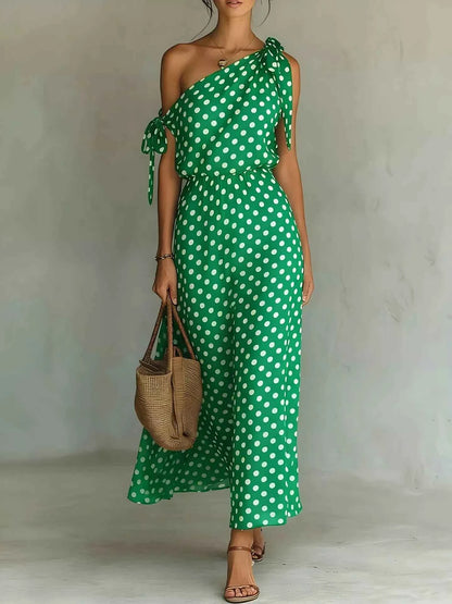 Full Size Polka Dot One-Shoulder Maxi Dress Plus Size