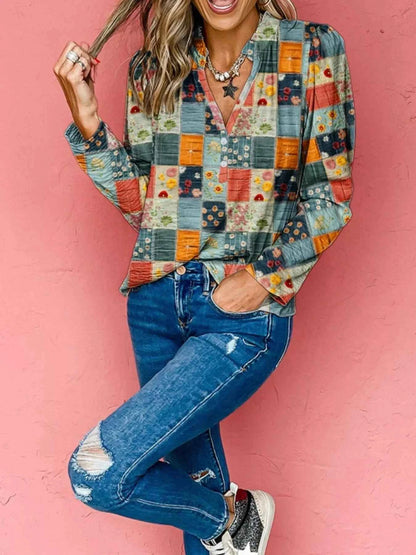 Floral Half Placket Notched Blouse