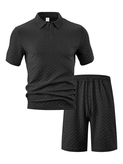 Men's Full Size Textured Polo Shirt and Shorts Set Plus Size