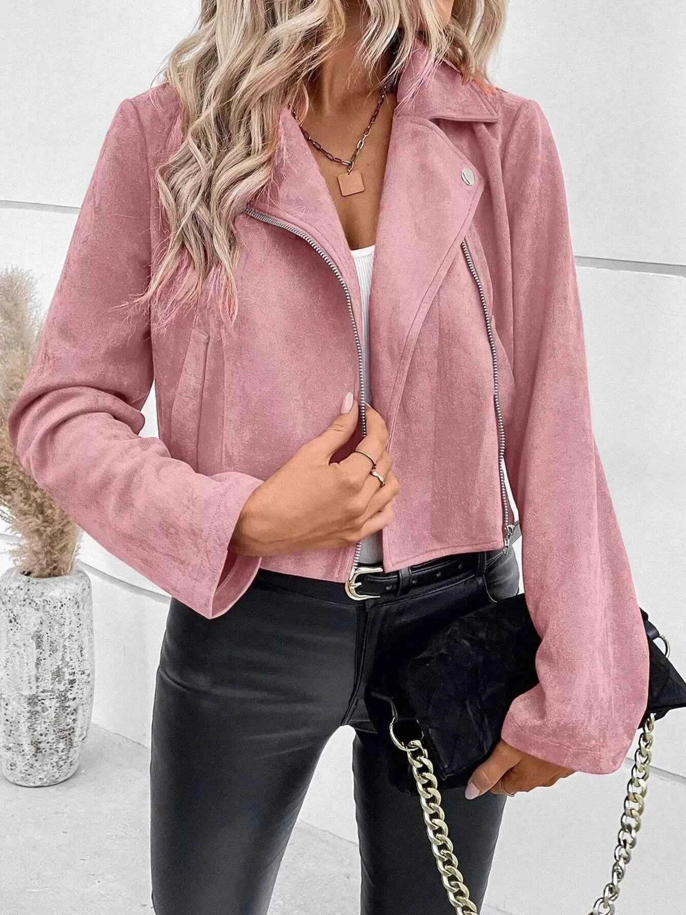Suede Moto Jacket with Zip Detail