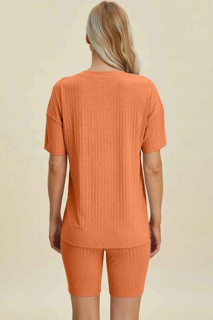 Basic Bae Full Size Ribbed V-Neck Short Sleeve Top and Shorts Set