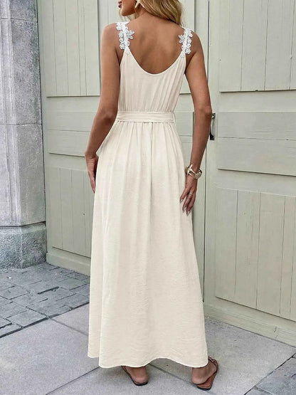 Lace Trimmed Slit Maxi Dress