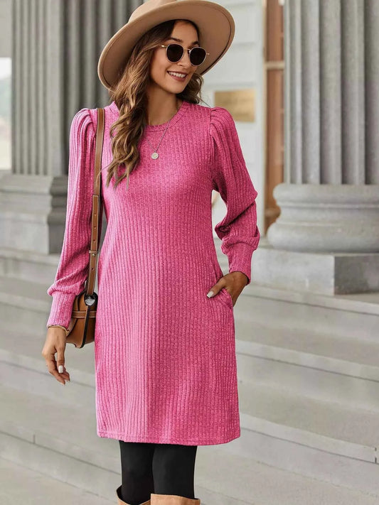 Ribbed Knit Puff Sleeve Casual Mini Dress