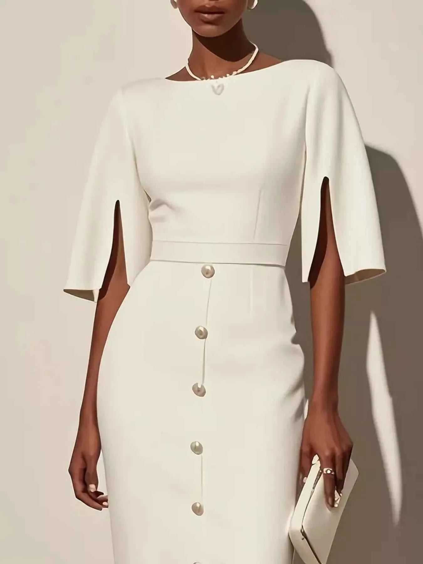 Slit Sleeve Midi Dress with Decorative Button