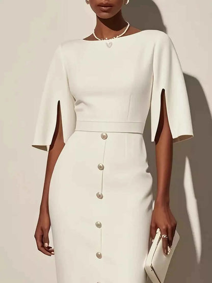 Slit Sleeve Midi Dress with Decorative Button
