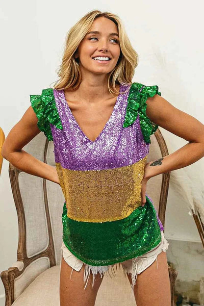 BiBi Mardi Gras Sequin Color Block Ruffled  Top