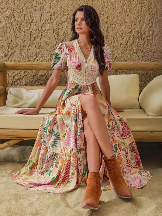 Lace Trim Floral Print Puff Sleeve Dress