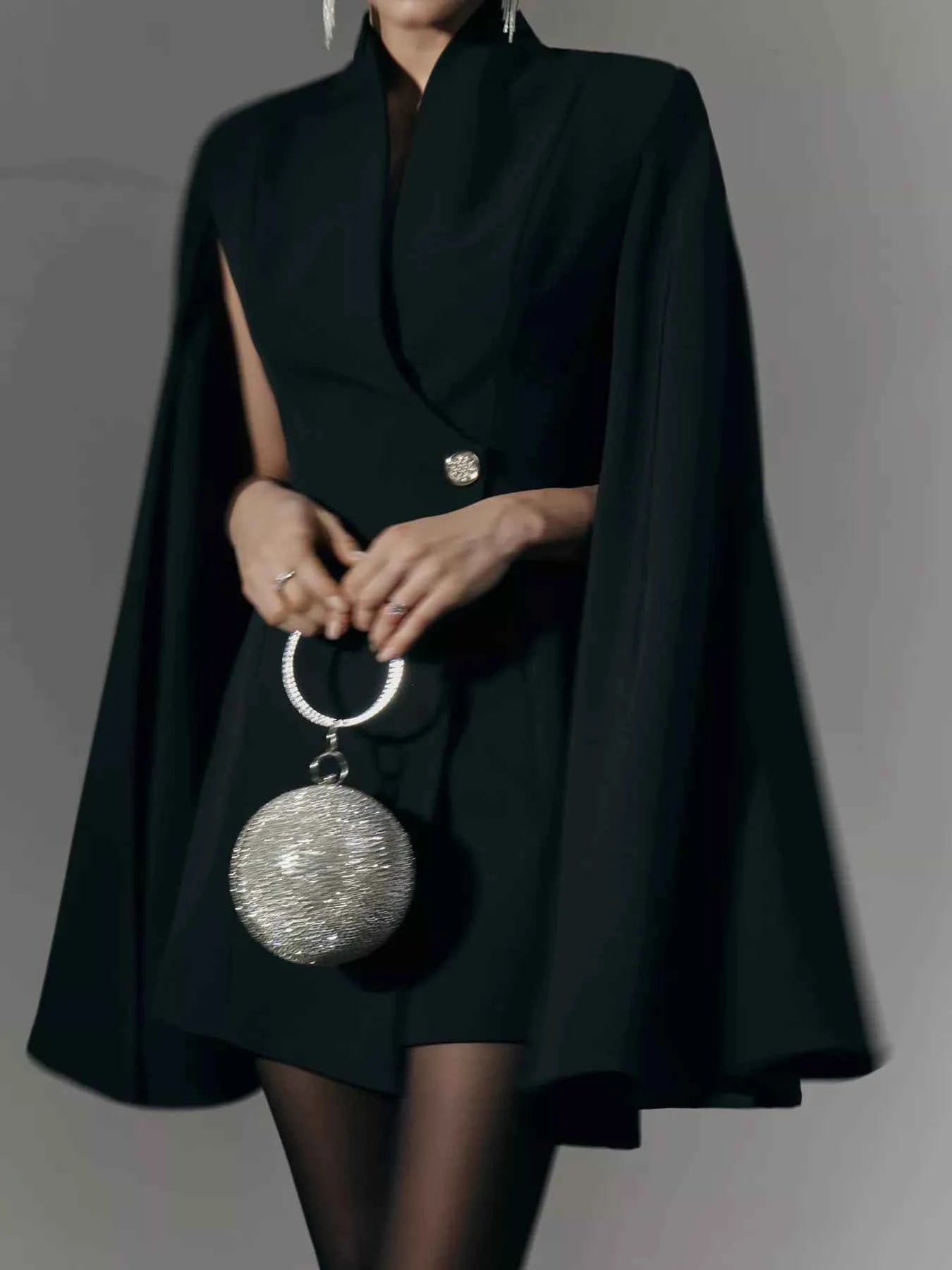One Button Fitted Mini Blazer Dress with Cape Sleeves