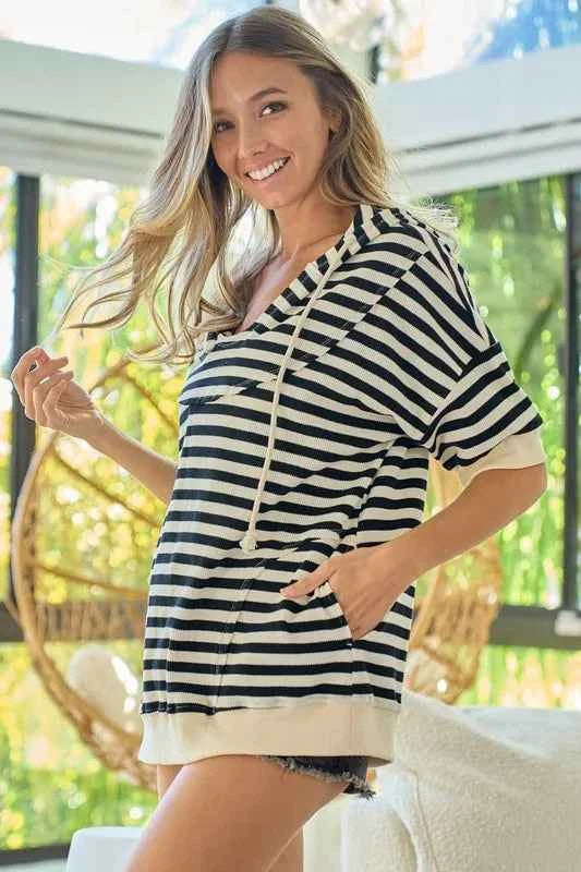 BiBi Stripe Fleece Notch Neck Short Sleeve Hoodie