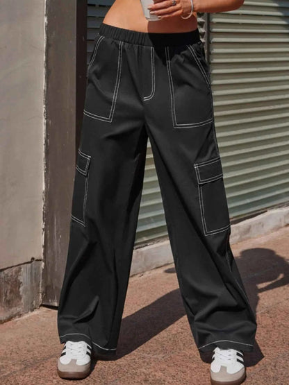 Wide Leg Pants with Contrast Stitching