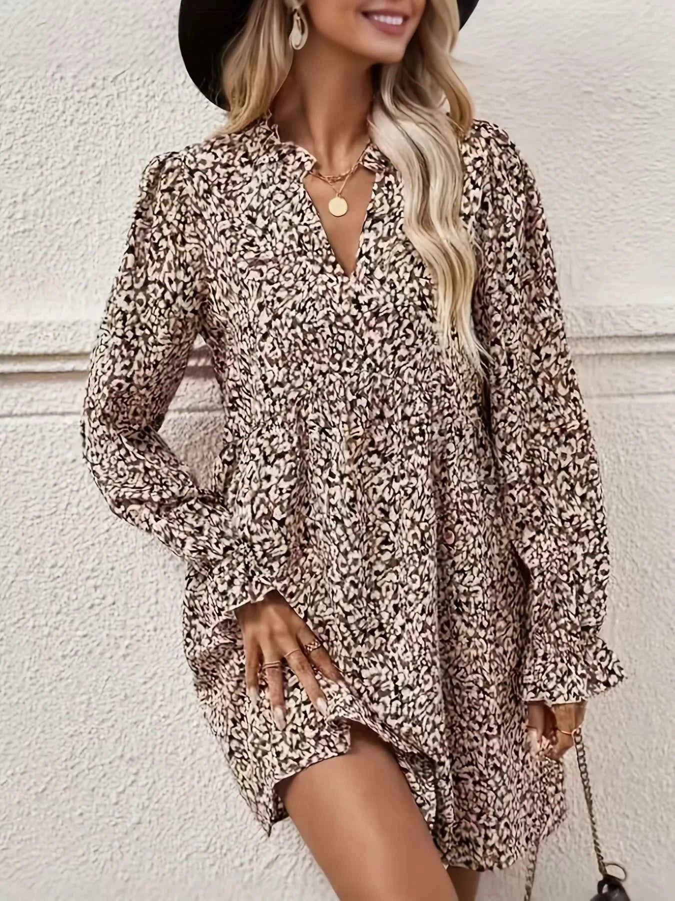 Notched Flounce Sleeve Mini Dress