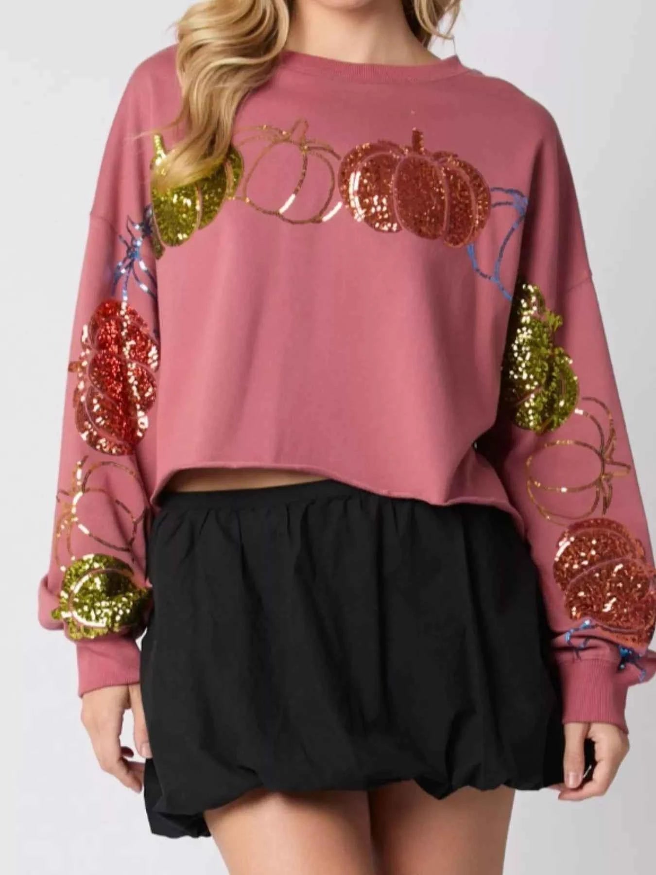 Sequined Pumpkin Halloween Crop Sweatshirt