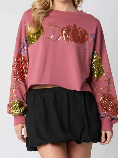 Sequined Pumpkin Halloween Crop Sweatshirt