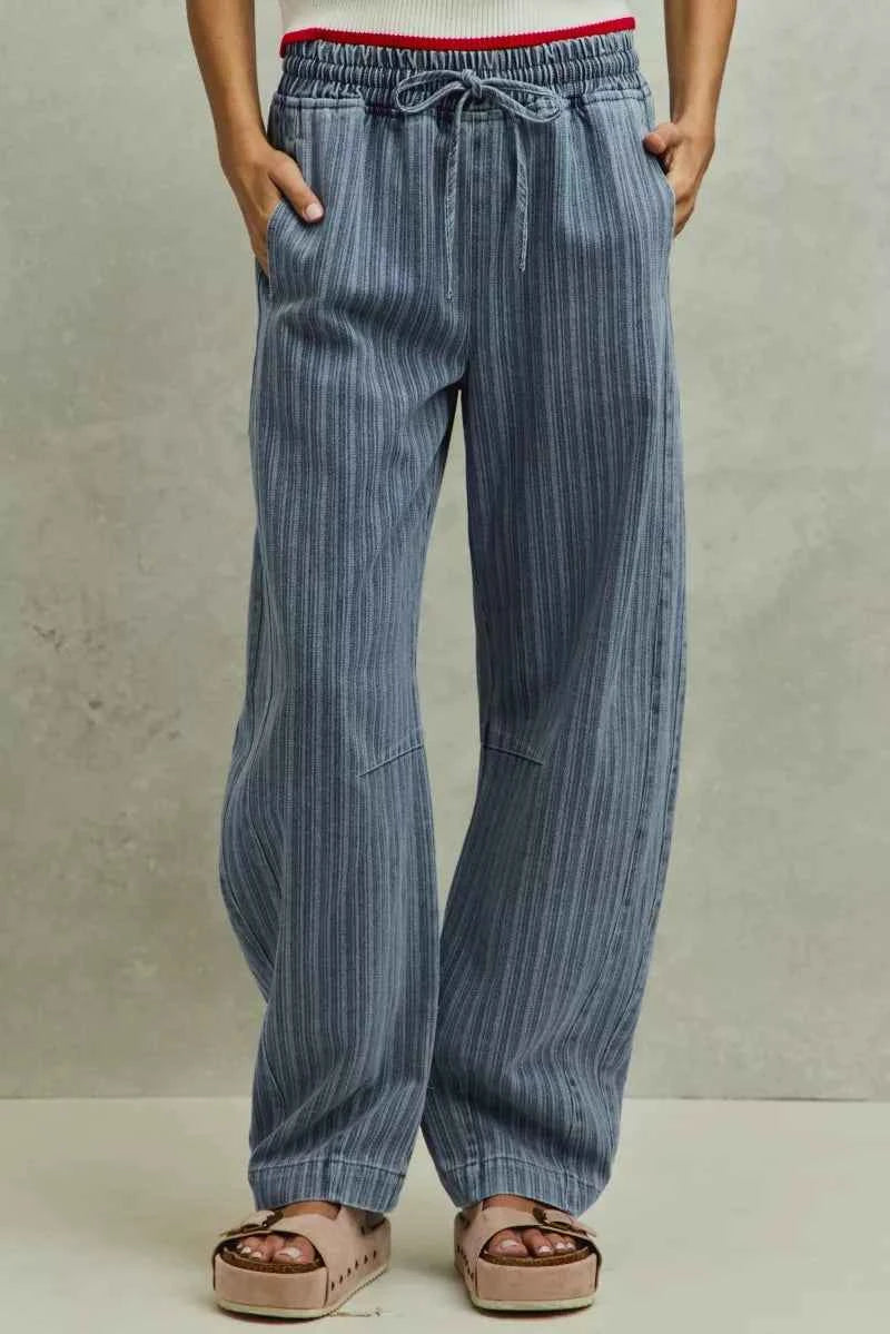 SO ME Stripe Denim Barrel Jeans Drawstring Waistband
