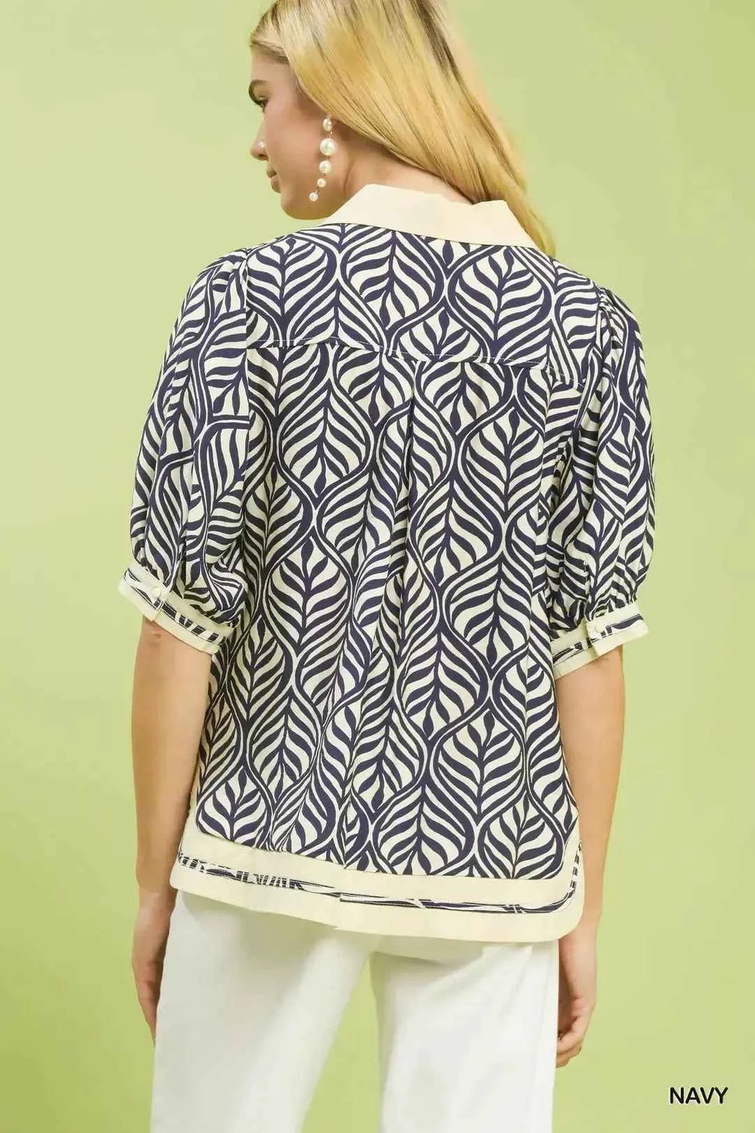 Umgee Geometric Leaf Print Popover Top