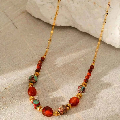 2 Piece 18K Gold-Plated Natural Stone Bead Necklace