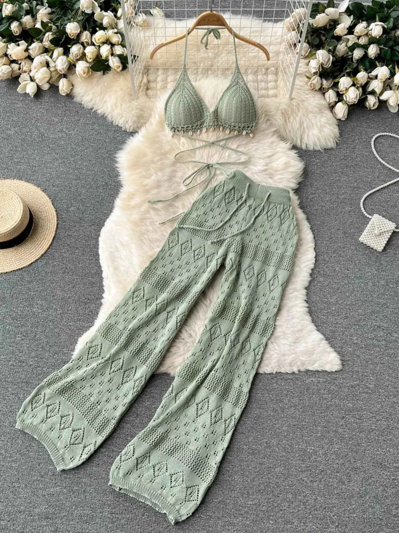 Crochet Knit Halter Neck Top and Wide Leg Pants Set
