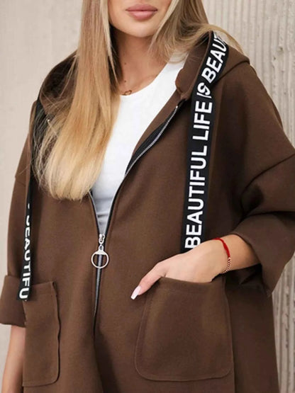 Full Size Hooded Zip-Up Longline Outerwear Plus Size