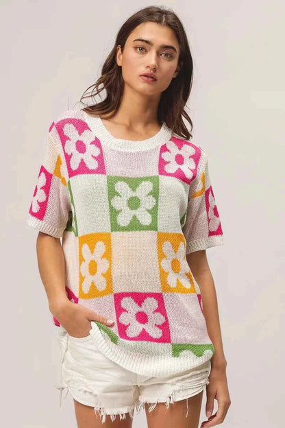 BiBi Flower Checker Pattern Lightweight Sweater Top