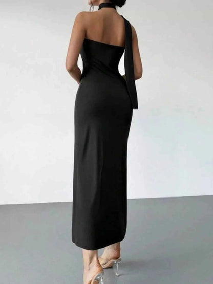 Halter Neck Ruched Bodycon Midi Dress