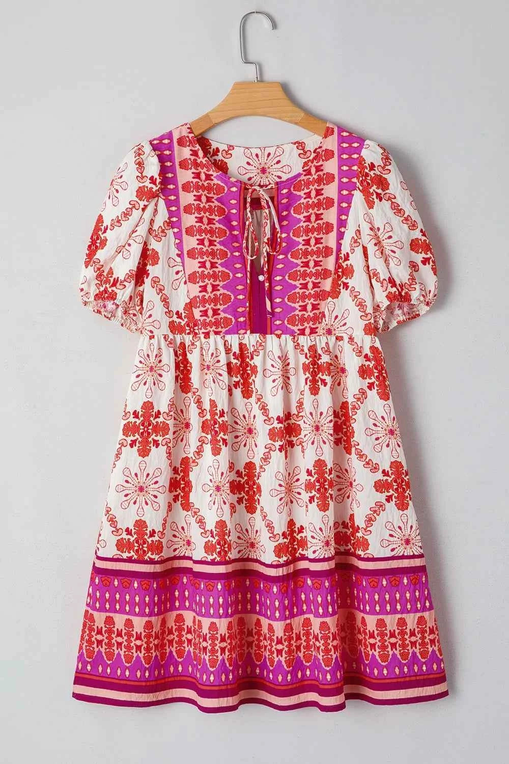 Boho Floral Short Sleeve Tie Neck Mini Dress