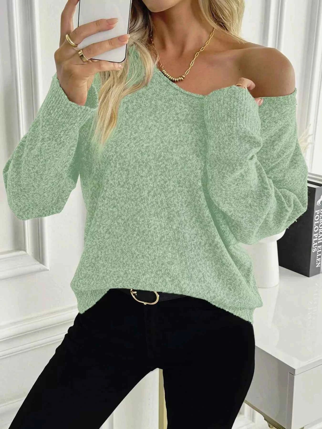 Casual V-Neck Drop Shoulder Sweater