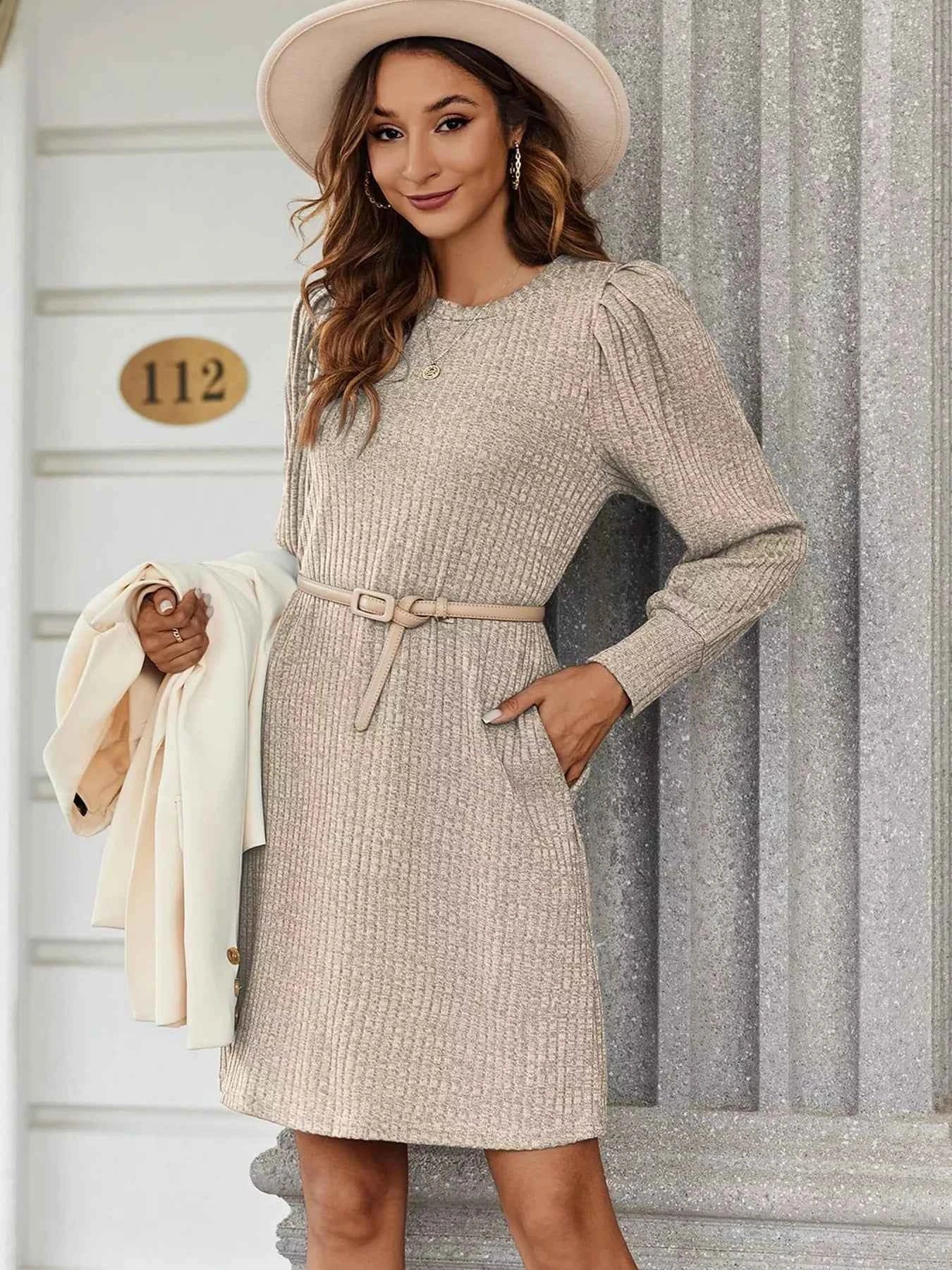 Ribbed Knit Puff Sleeve Casual Mini Dress