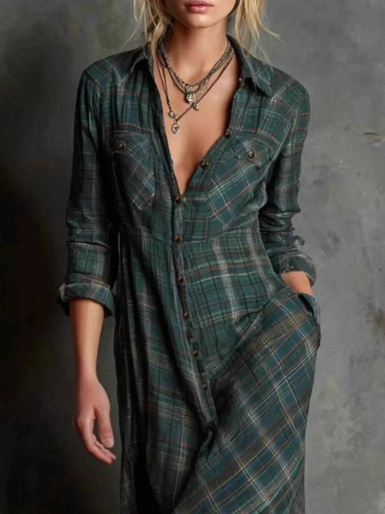Full Size Plaid Button-Down Maxi Dress Plus Size
